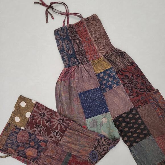 Deadhead Closet Pants - Boho Patchwork Halter Jumpsuit in Multicolor